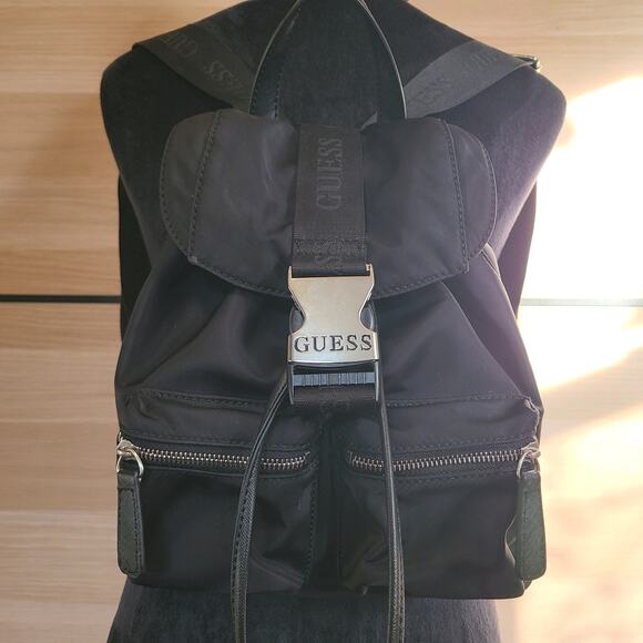 Guess Alpena Nylon Drawstring Satchel Flap Buckle Closure Mini Black Backpack - Picture 1 of 11